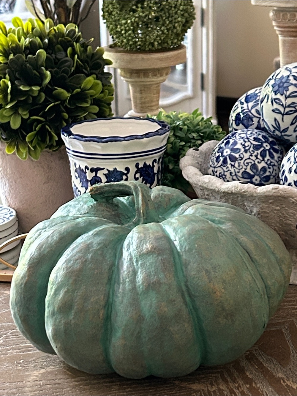 NEW! Fall Autumn Harvest Vintage Inspired Patina Green Resin Pumpkin